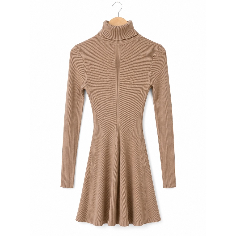 Zara Beige Ribbed Knit Turtleneck Skater Mini Sweater Dress Small Minimalist